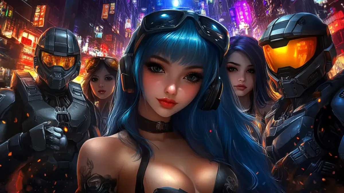 Group of diverse gaming characters including armored soldiers and stylish women with blue hair standing in vibrant neon-lit cyberpunk cityscape