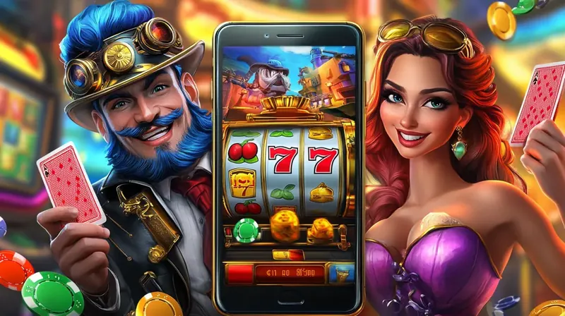 Cheerful steampunk gentleman and elegant woman holding playing cards beside smartphone displaying slot machine with lucky seven symbols